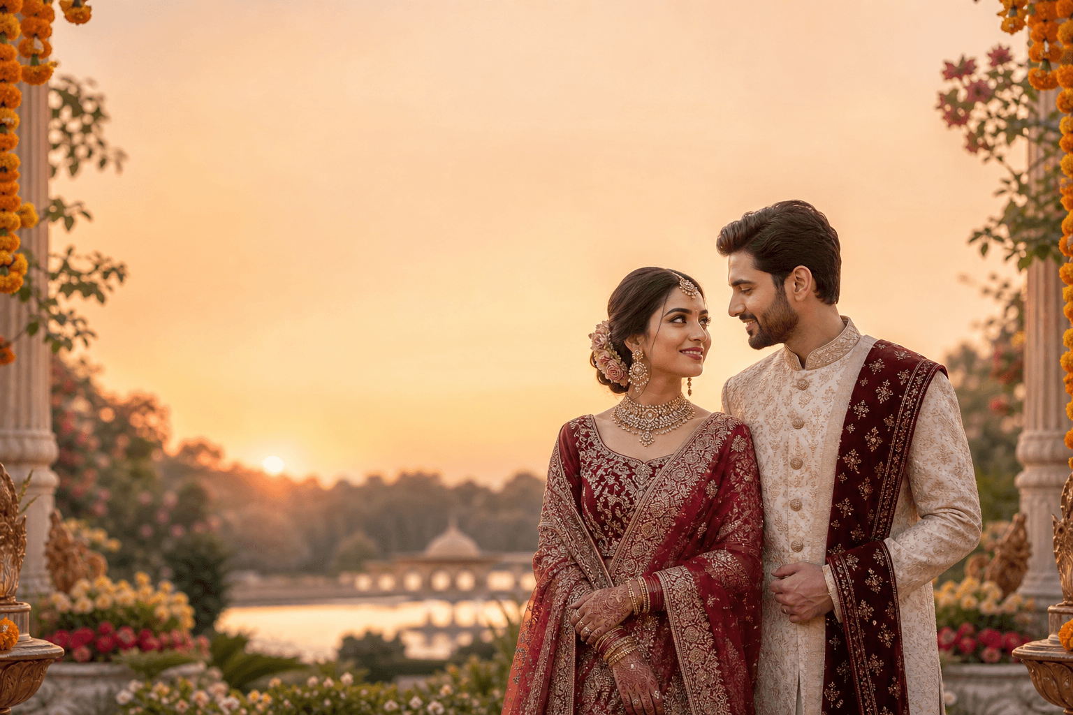 South Asian couple in traditional wedding attire