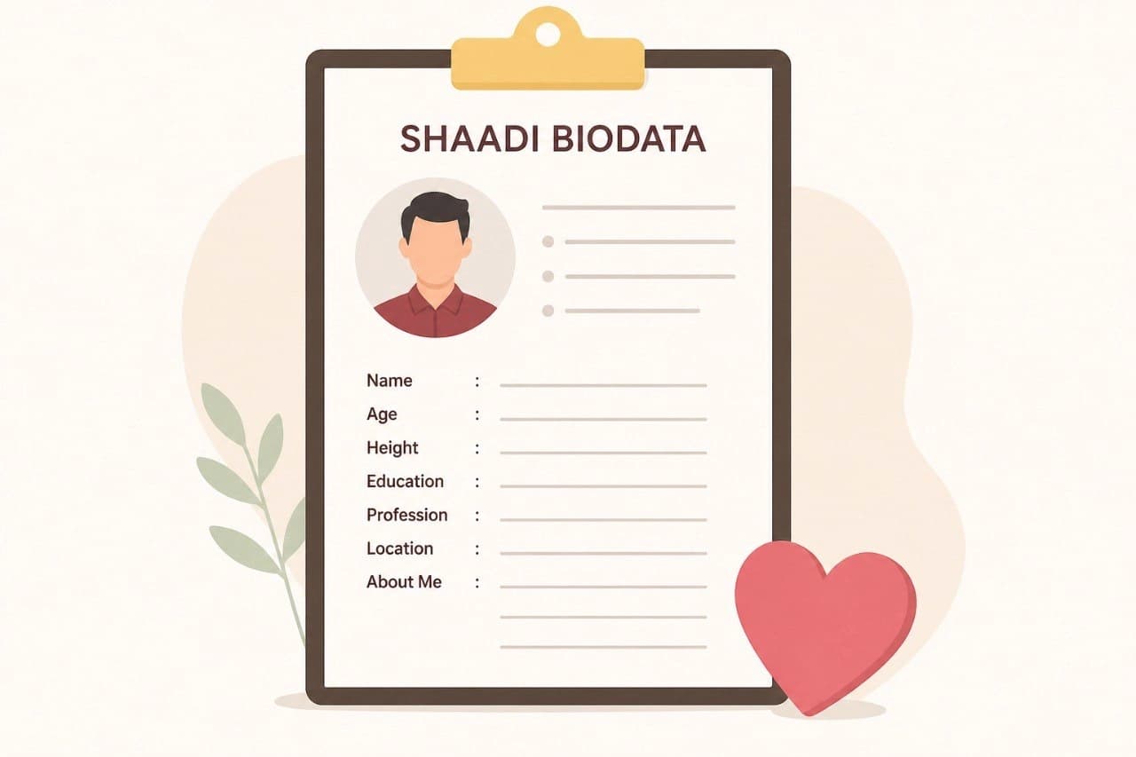 Illustration of a Shaadi Biodata form on a clipboard with profile fields and a heart