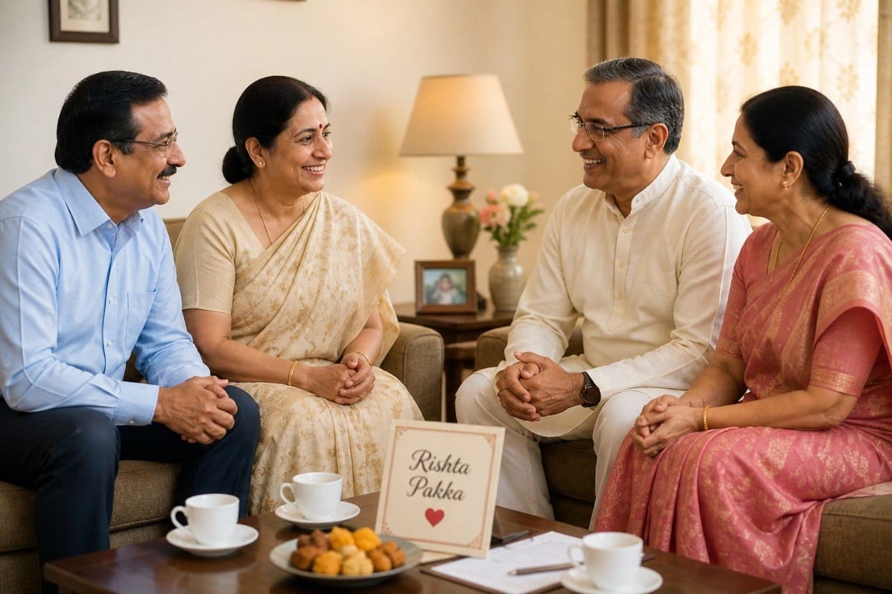 Two Indian parent couples meeting in a living room with tea and a Rishta Pakka card on the table